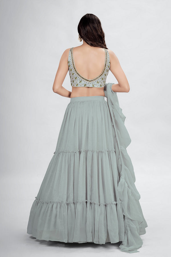 Gray Pakistani Art Silk Lehenga Choli For Indian Festivals & Weddings - Thread Embroidery Work, Clothsvilla