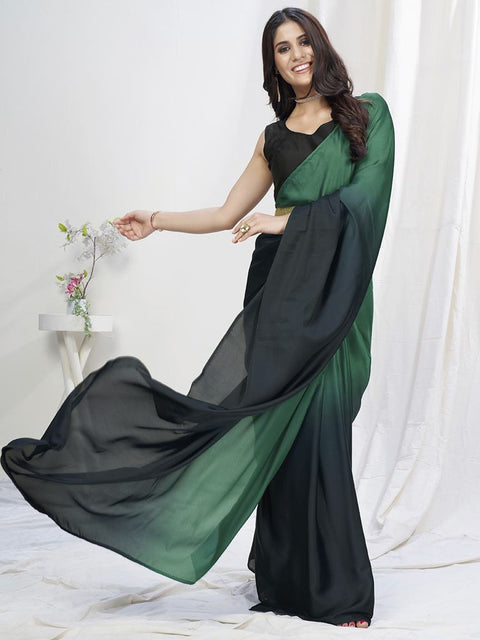 Green-Black Ready to Wear One Minute Lycra Saree ClothsVilla Main image