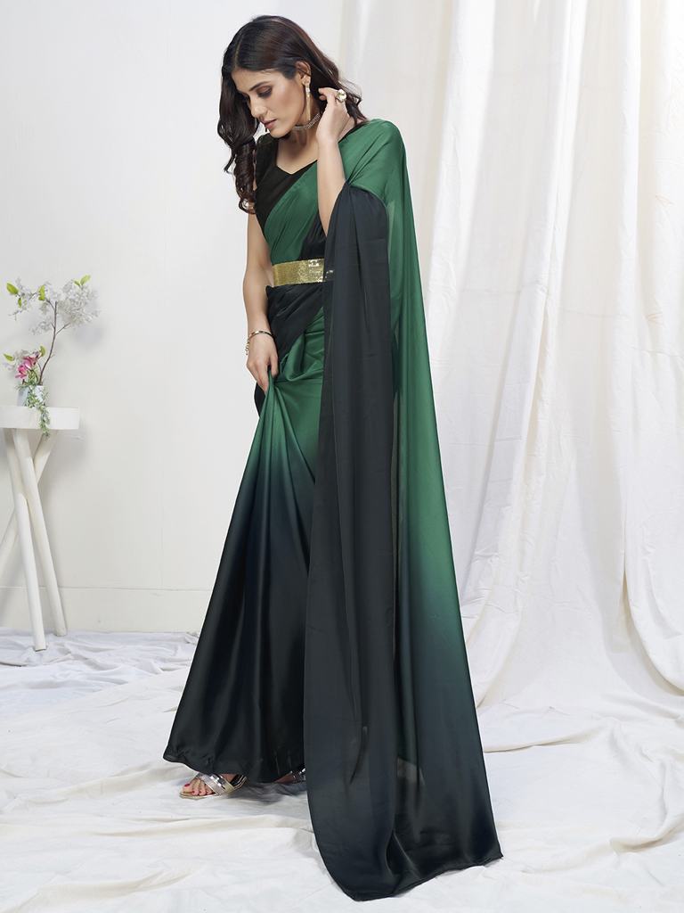 Green-Black Ready to Wear One Minute Lycra Saree ClothsVilla