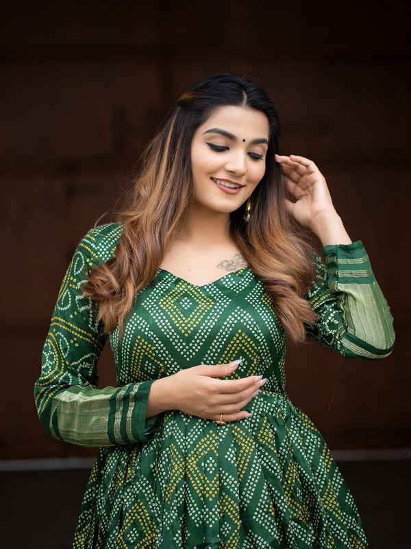 Green Color Digital Bandhej Printed Pure Gaji Silk Gown Clothsvilla