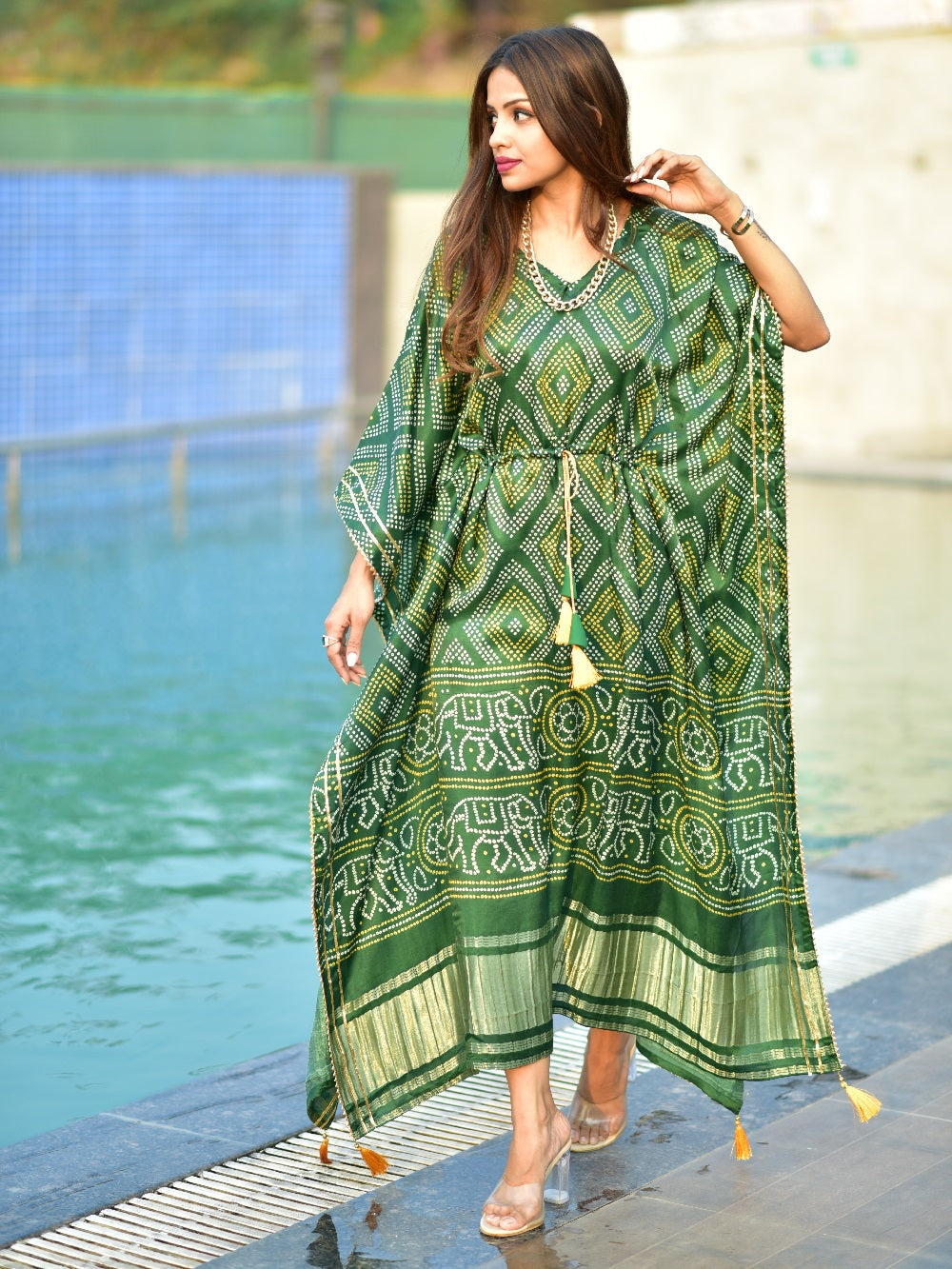 Green Color Digital Bandhej Print Pure Gaji Silk Kaftan Clothsvilla Main image