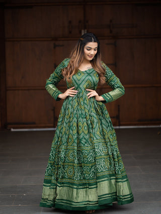 Green Color Digital Bandhej Printed Pure Gaji Silk Gown Clothsvilla
