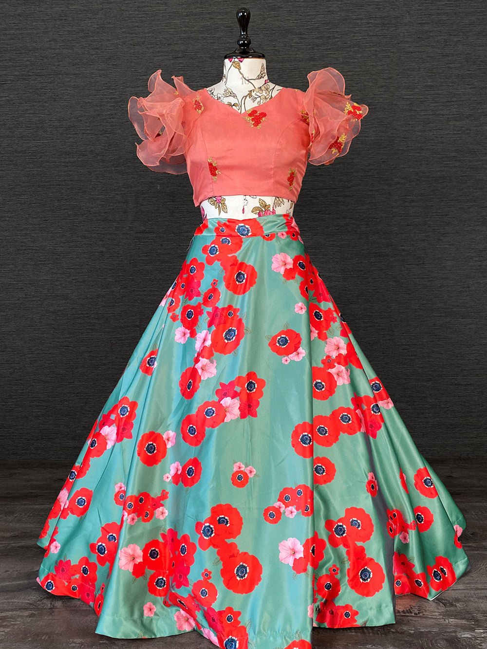 Green Color Heavy Dull Satin Floral Digital Printed Lehenga With Varisa Silk Choli Clothsvilla