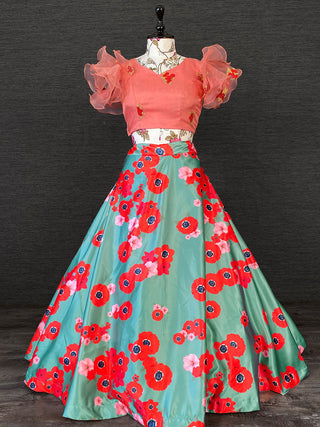 Green Color Heavy Dull Satin Floral Digital Printed Lehenga With Varisa Silk Choli Clothsvilla