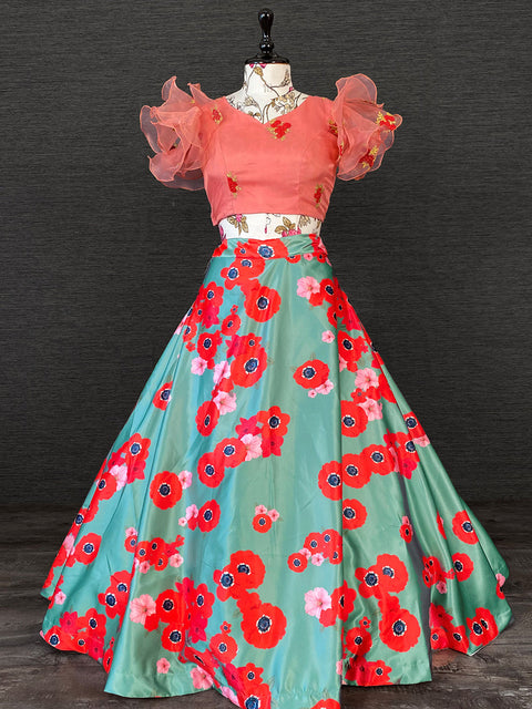Green Color Heavy Dull Satin Floral Digital Printed Lehenga With Varisa Silk Choli Clothsvilla Main image
