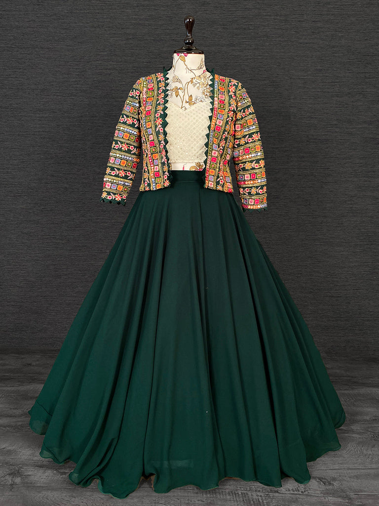 Crafted with premium hues this green lehenga styled with a jacket – Cygnus  Fashion