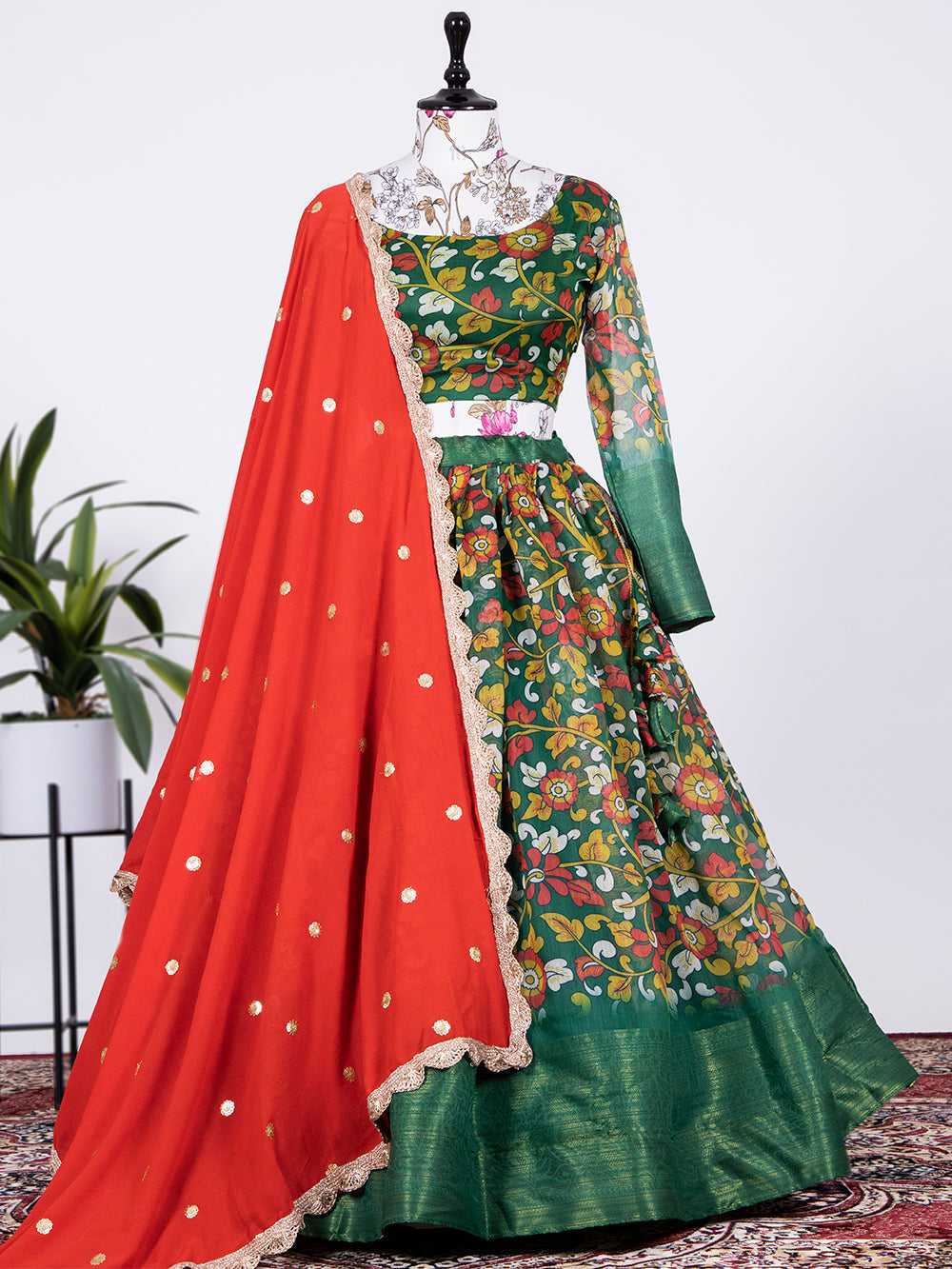 Green Color Printed Soft Cotton Half Saree Set Clothsvilla