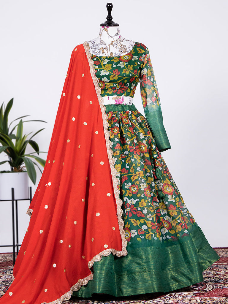 Green Color Printed Soft Cotton Half Saree Set Clothsvilla