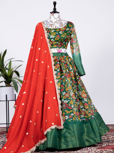 Green Color Printed Soft Cotton Half Saree Set Clothsvilla
