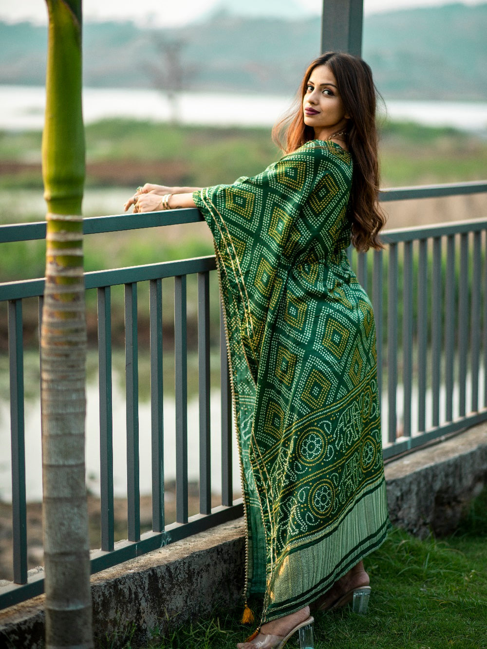 Green Color Digital Bandhej Print Pure Gaji Silk Kaftan Clothsvilla
