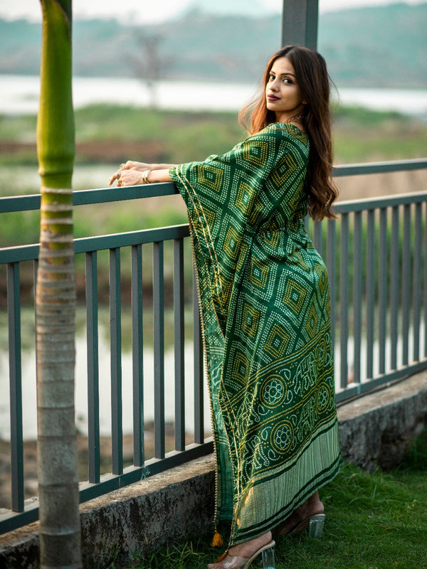 Green Color Digital Bandhej Print Pure Gaji Silk Kaftan Clothsvilla