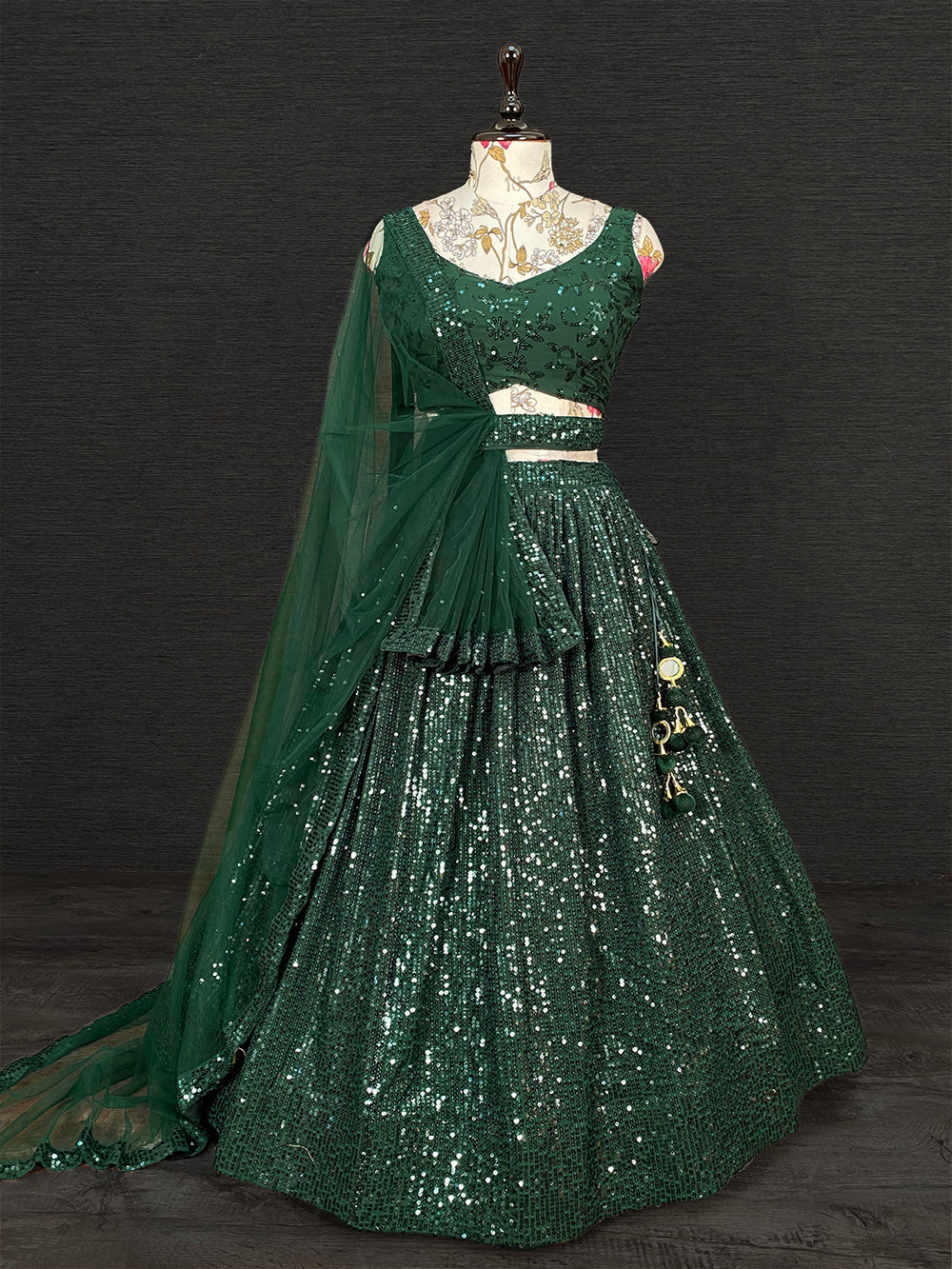 Green Color Sequins Embroidery Work Georgette Party Wear Lehenga Choli With Net Dupatta Clothsvilla