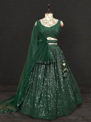 Green Color Sequins Embroidery Work Georgette Party Wear Lehenga Choli With Net Dupatta Clothsvilla