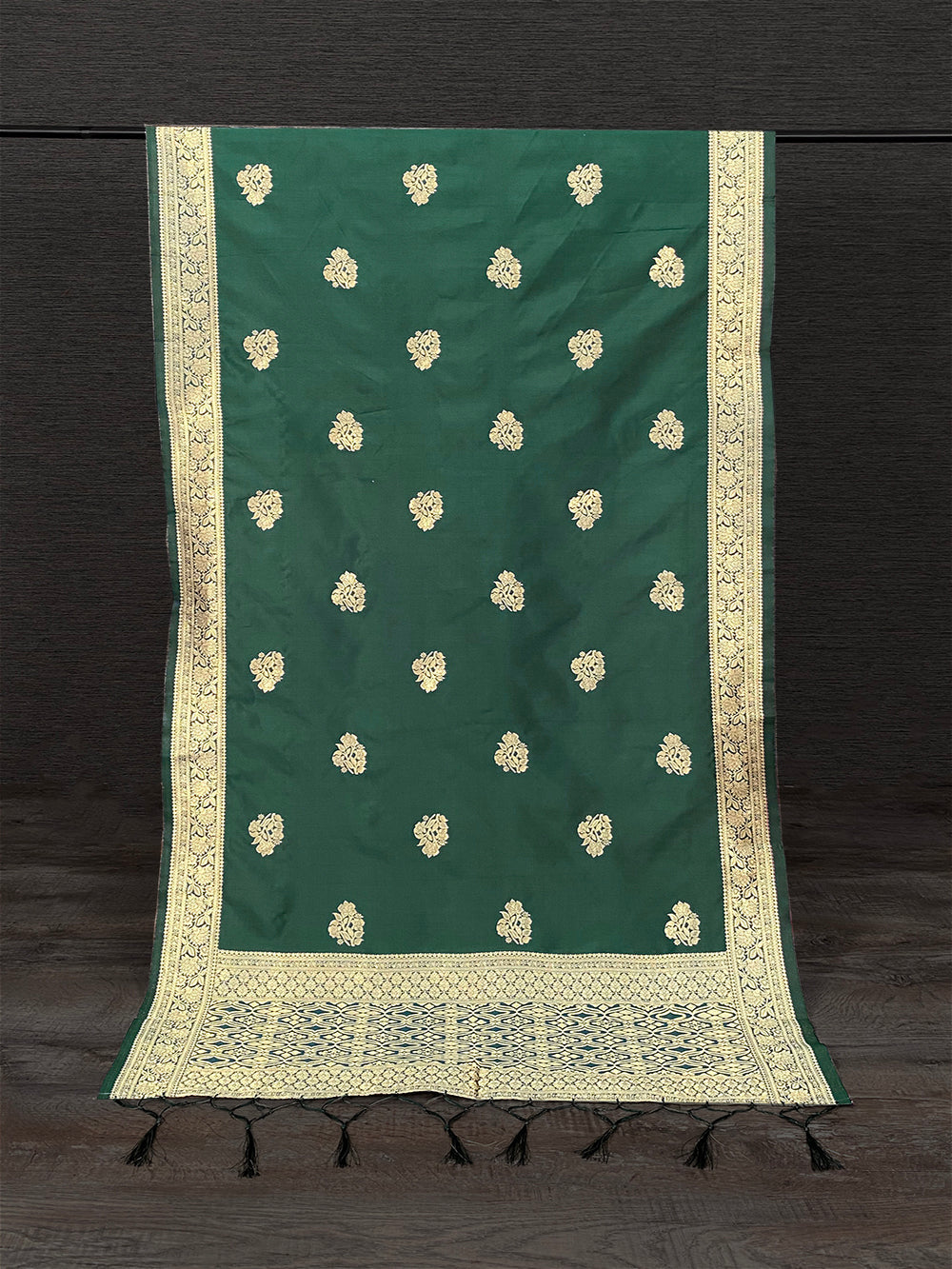 Green Color Weaving Zari Work Jacquard Silk Dupatta With Tassels Clothsvilla Main image