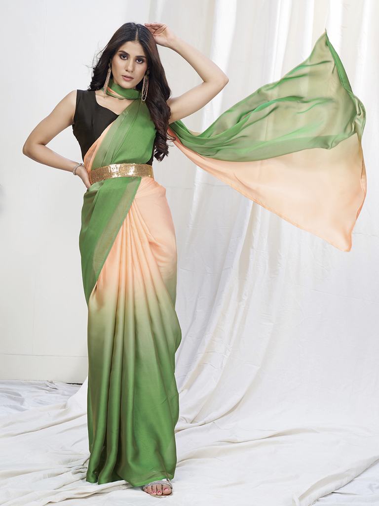 Green-Peach Lycra Based Saree ClothsVilla