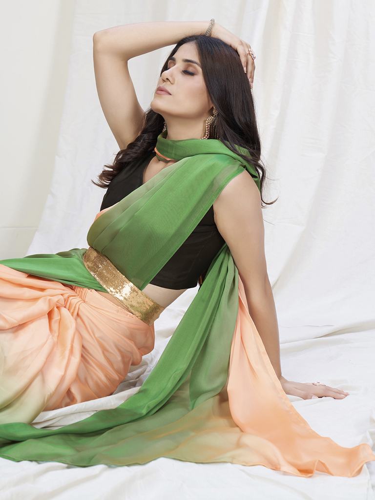 Green-Peach Lycra Based Saree ClothsVilla
