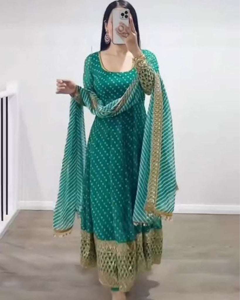 Green Anarkali Gown in Faux Georgette with Print and Embroidery Work Clothsvilla