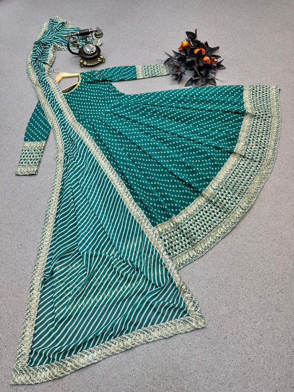 Green Anarkali Gown in Faux Georgette with Print and Embroidery Work Clothsvilla