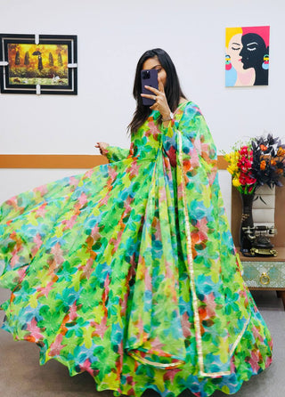 Green Anarkali Gown in Organza with Floral Print ClothsVilla