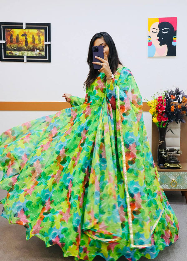 Green Anarkali Gown in Organza with Floral Print ClothsVilla