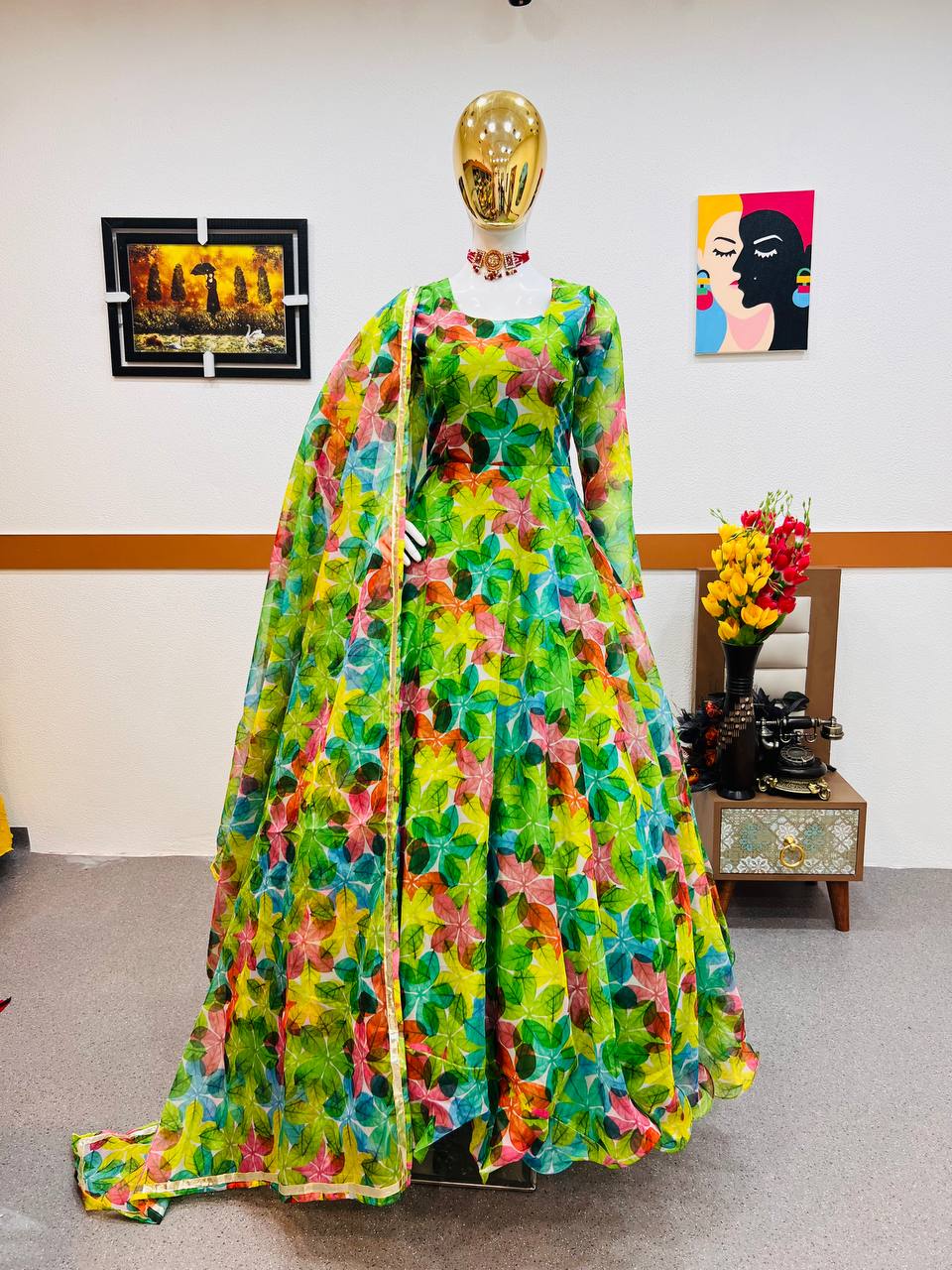 Green Anarkali Gown in Organza with Floral Print ClothsVilla