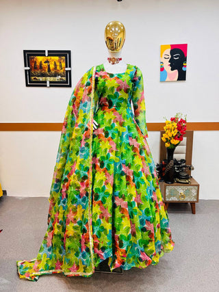 Green Anarkali Gown in Organza with Floral Print ClothsVilla