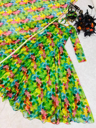 Green Anarkali Gown in Organza with Floral Print ClothsVilla