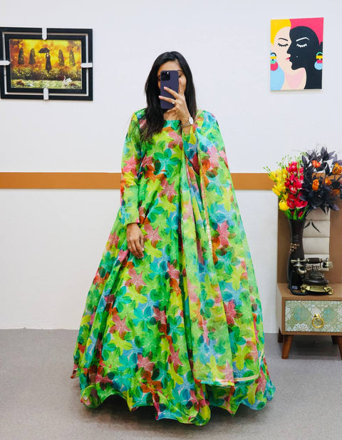 Green Anarkali Gown in Organza with Floral Print ClothsVilla Main image