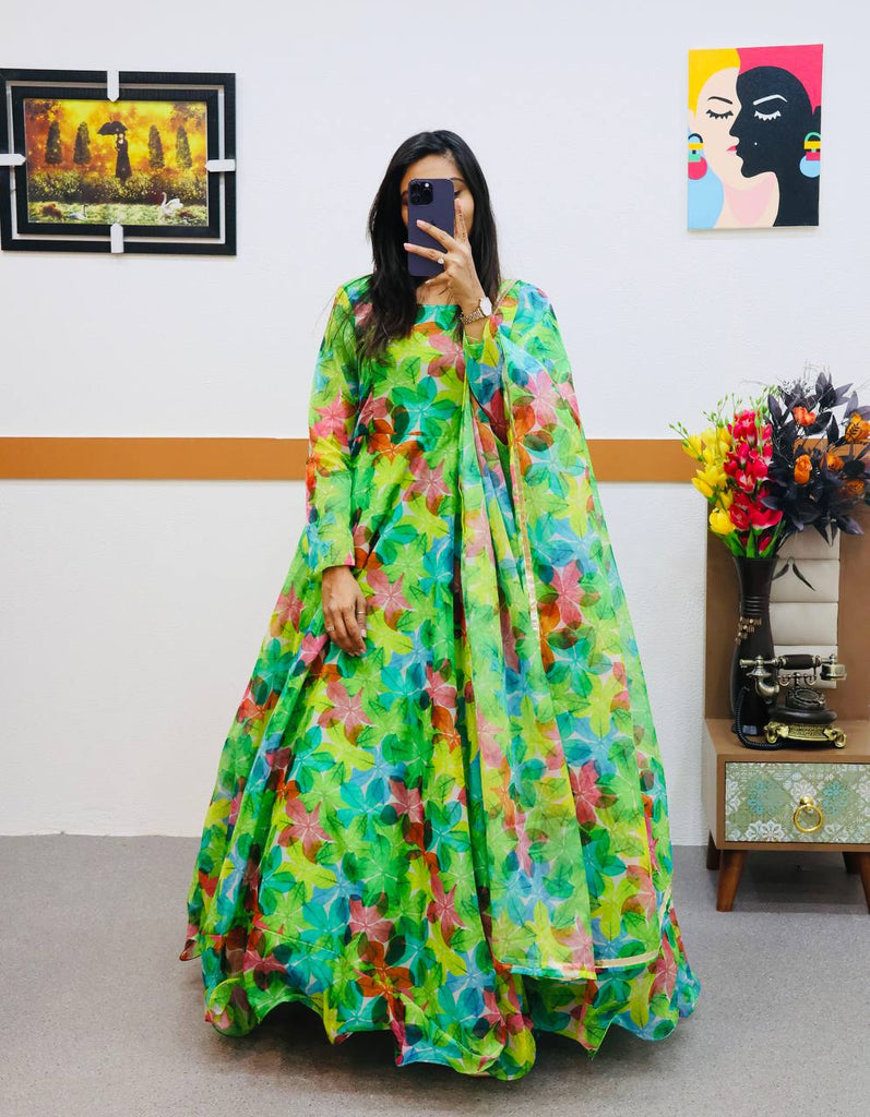 Green Anarkali Gown in Organza with Floral Print ClothsVilla
