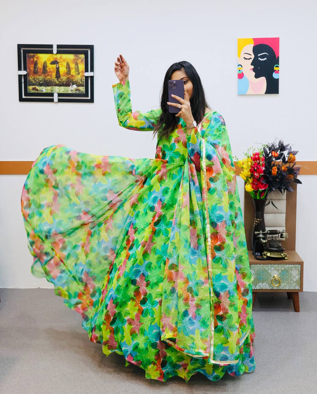 Green Anarkali Gown in Organza with Floral Print ClothsVilla