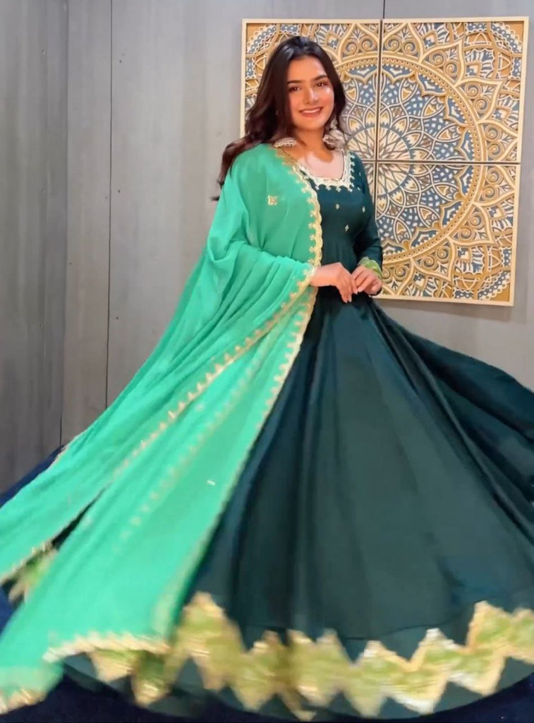 Heavy Embroidered Silk Anarkali Gown With Dupatta In Peach – Gunj Fashion