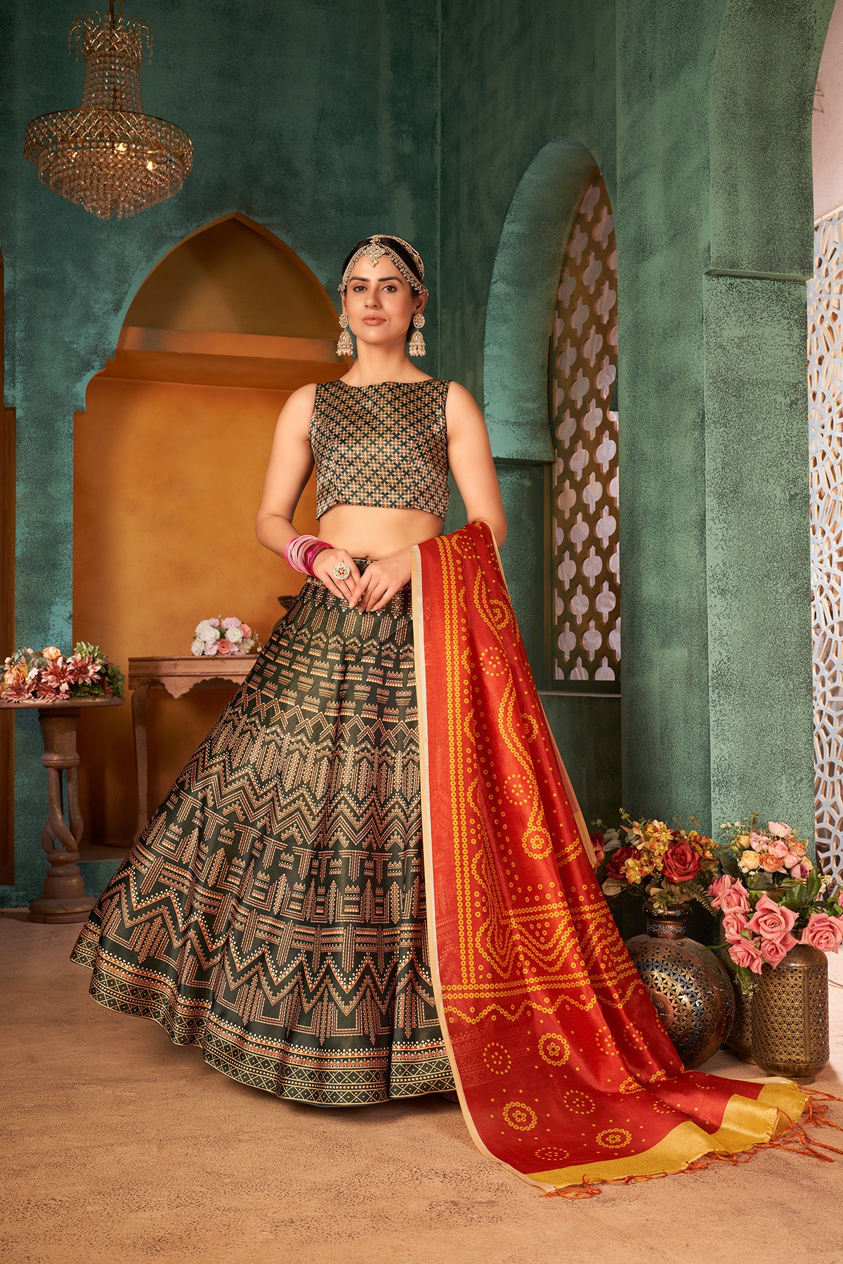 Green Art Silk Digital Printed Lehenga Choli ClothsVilla