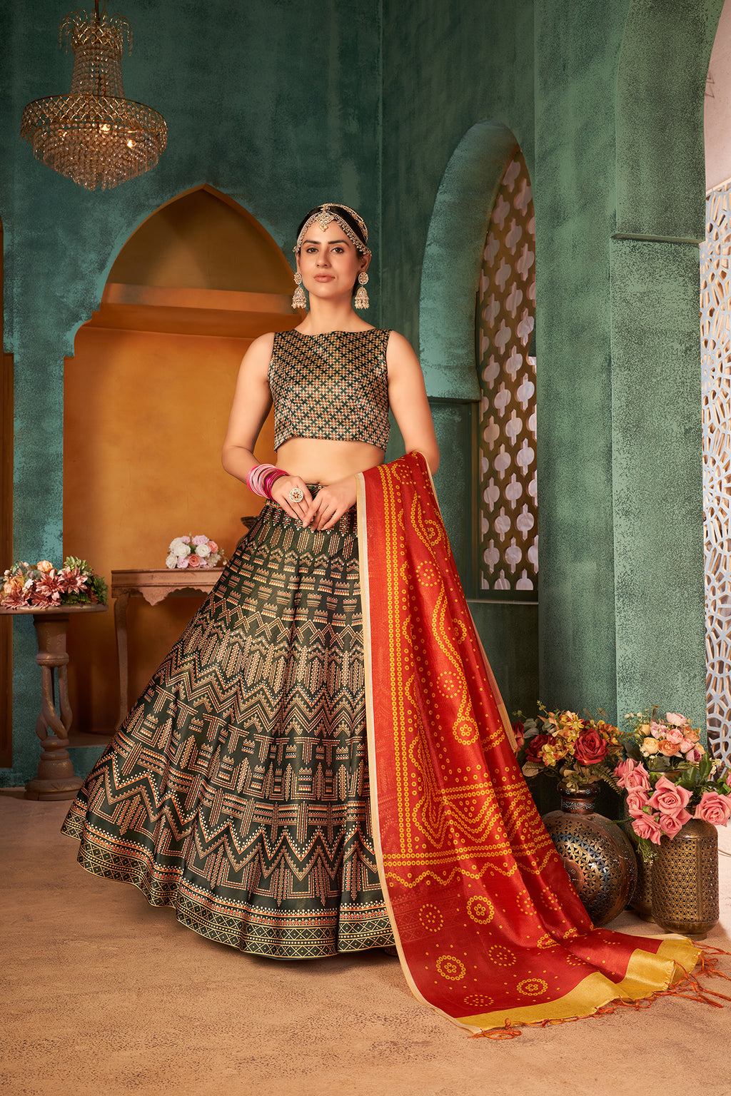 Green Art Silk Digital Printed Lehenga Choli ClothsVilla