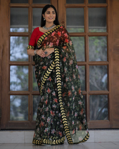 Green Color Lace Work Flower Print Organza Saree Clothsvilla Main image