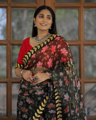 Green Color Lace Work Flower Print Organza Saree Clothsvilla