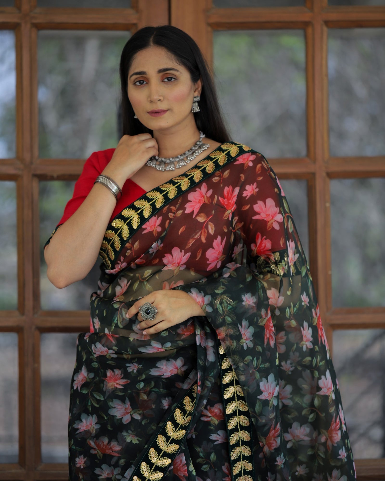 Green Color Lace Work Flower Print Organza Saree Clothsvilla