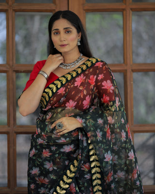 Green Color Lace Work Flower Print Organza Saree Clothsvilla