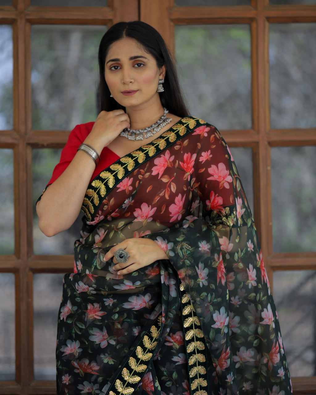 Green Color Lace Work Flower Print Organza Saree Clothsvilla