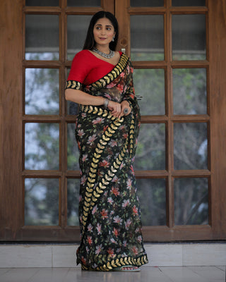 Green Color Lace Work Flower Print Organza Saree Clothsvilla