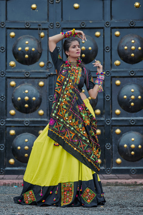 Green Embroidered Cotton Indian Traditional Navratri Dandiya Raas Garba Festival Function Semi Stitched Lehenga Choli ClothsVilla Main image