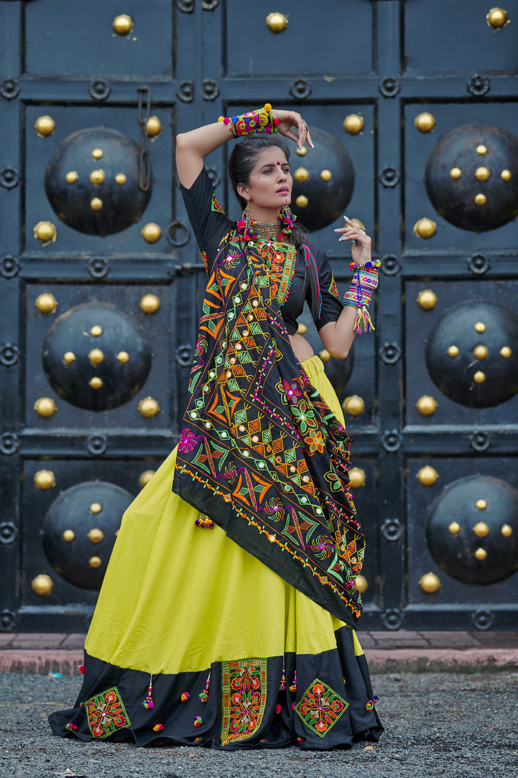 Green Embroidered Cotton Indian Traditional Navratri Dandiya Raas Garba Festival Function Semi Stitched Lehenga Choli ClothsVilla