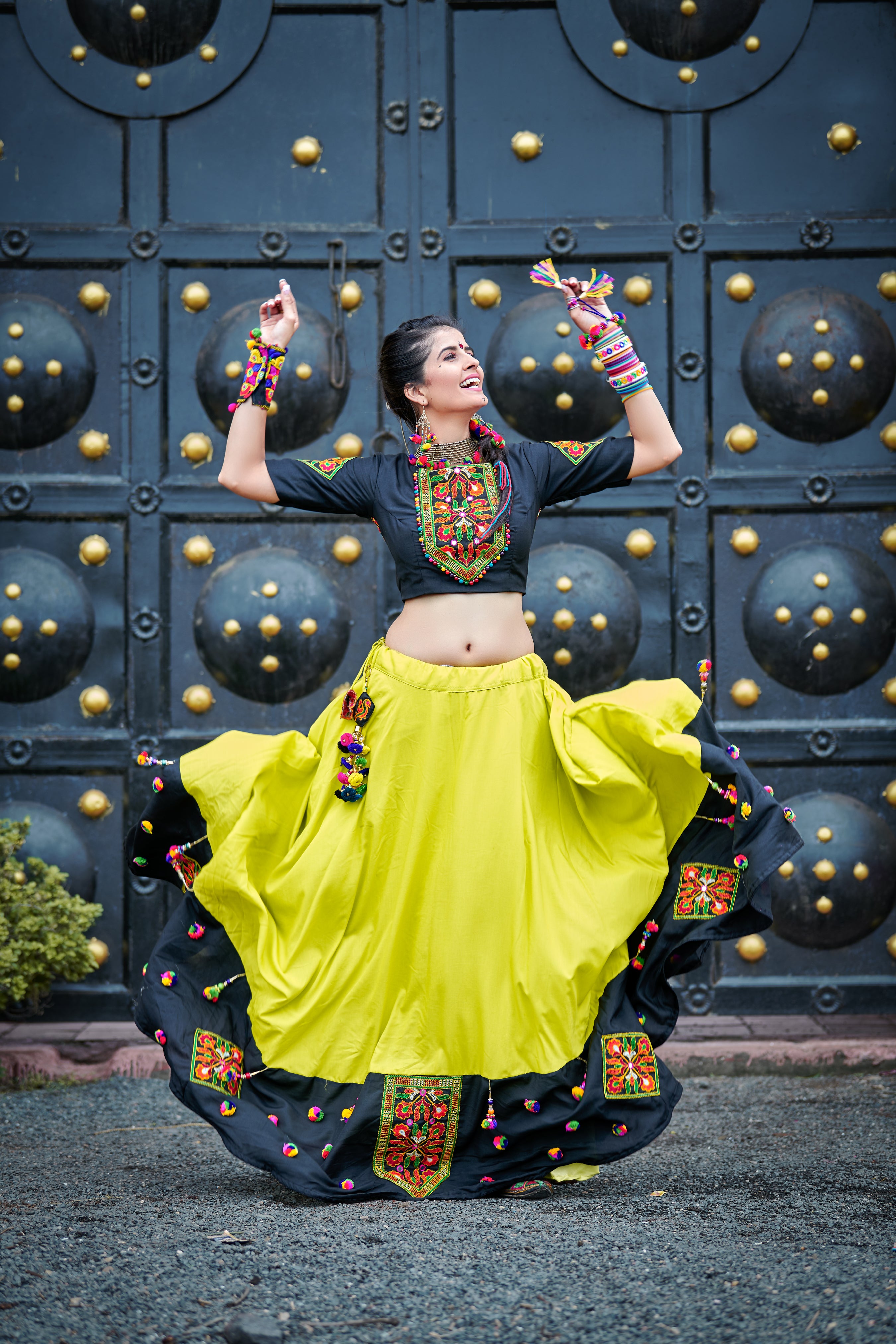 Green Embroidered Cotton Indian Traditional Navratri Dandiya Raas Garba Festival Function Semi Stitched Lehenga Choli ClothsVilla