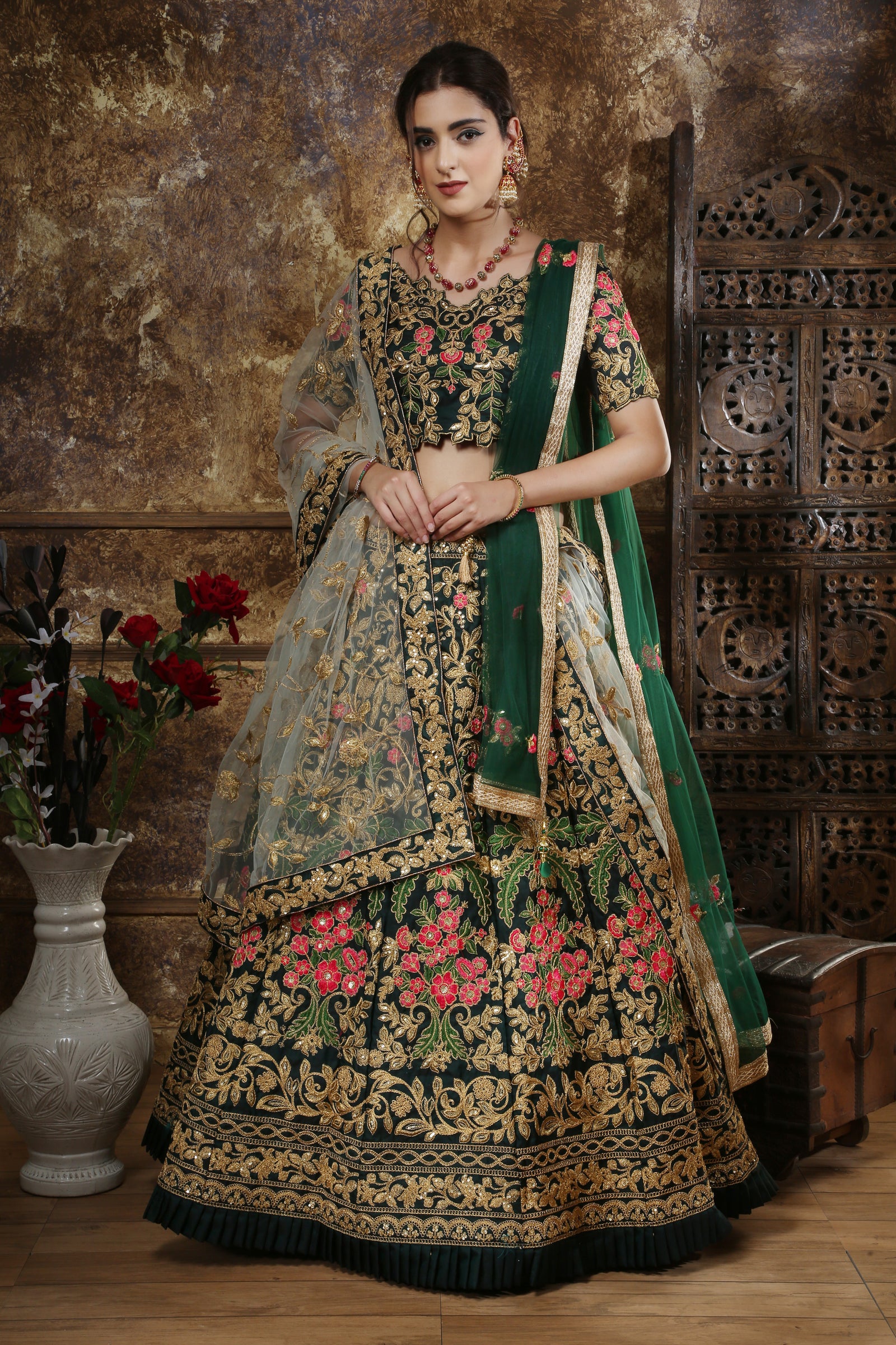 Green Embroidered Silk Blend Semi Stitched Lehenga Choli With Double Dupatta ClothsVilla