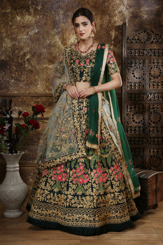 Green Embroidered Silk Blend Semi Stitched Lehenga Choli With Double Dupatta ClothsVilla