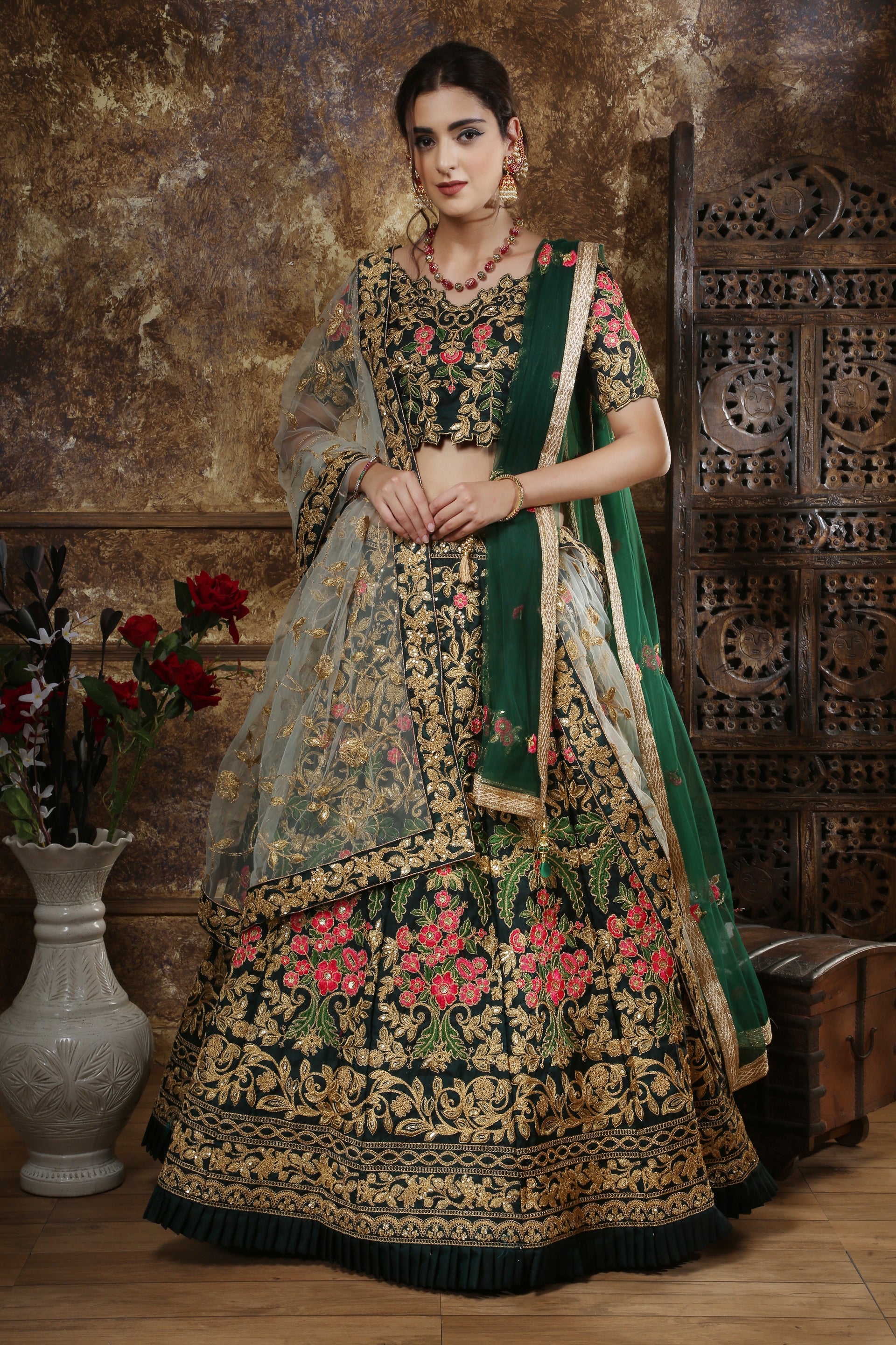 Green Embroidered Silk Blend Semi Stitched Lehenga Choli With Double Dupatta ClothsVilla