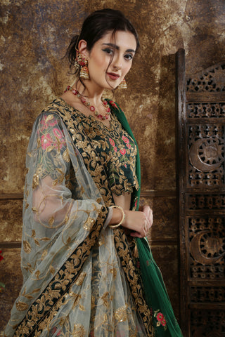 Green Embroidered Silk Blend Semi Stitched Lehenga Choli With Double Dupatta ClothsVilla
