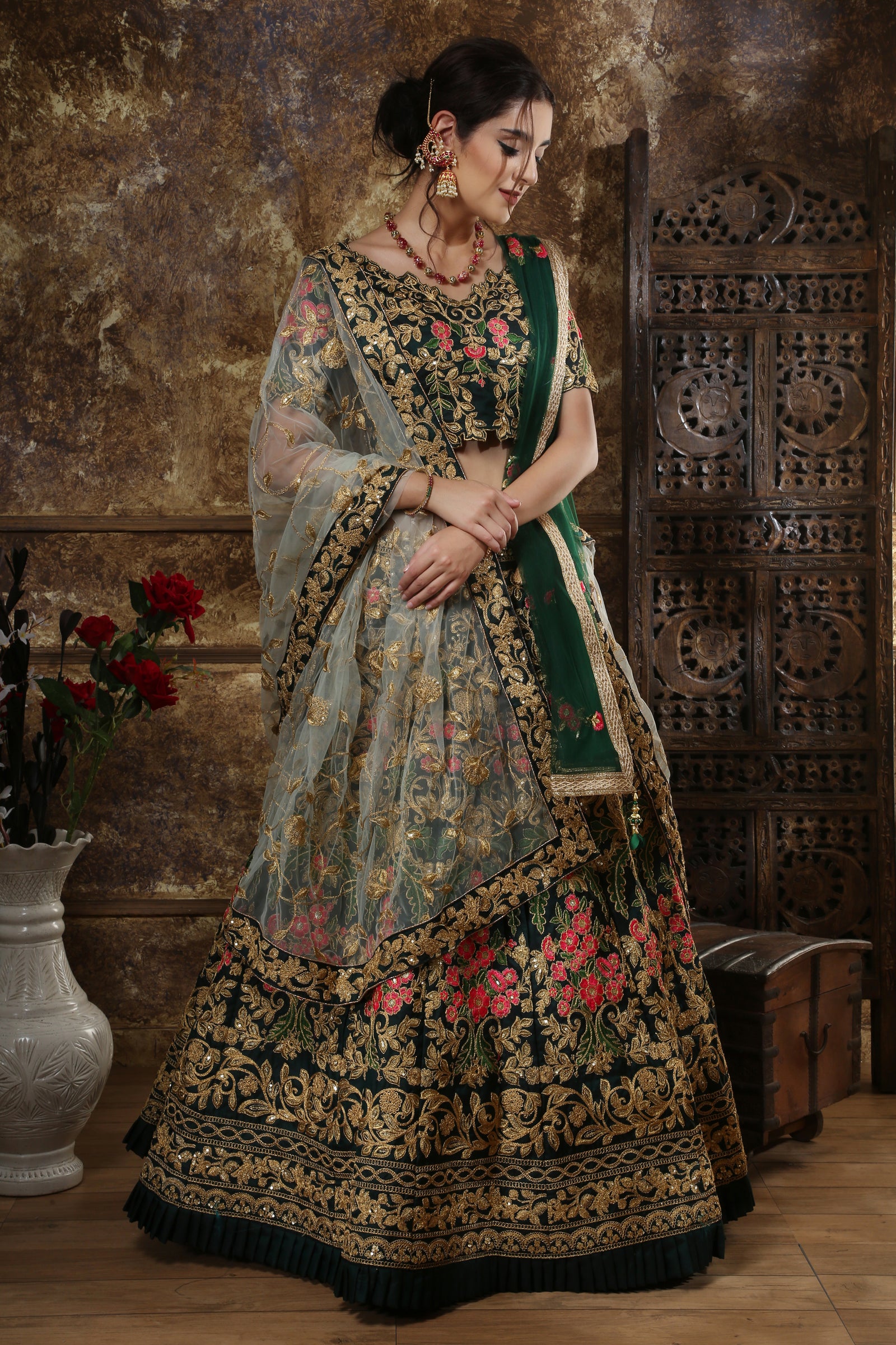 Green Embroidered Silk Blend Semi Stitched Lehenga Choli With Double Dupatta ClothsVilla
