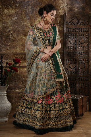 Green Embroidered Silk Blend Semi Stitched Lehenga Choli With Double Dupatta ClothsVilla