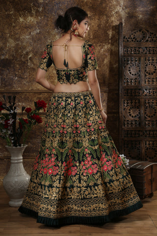 Green Embroidered Silk Blend Semi Stitched Lehenga Choli With Double Dupatta ClothsVilla