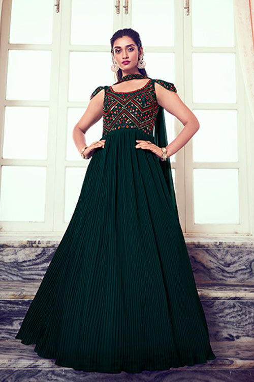 Green Georgette Embroidered Gown with Stylish Dupatta Collection ClothsVilla.com